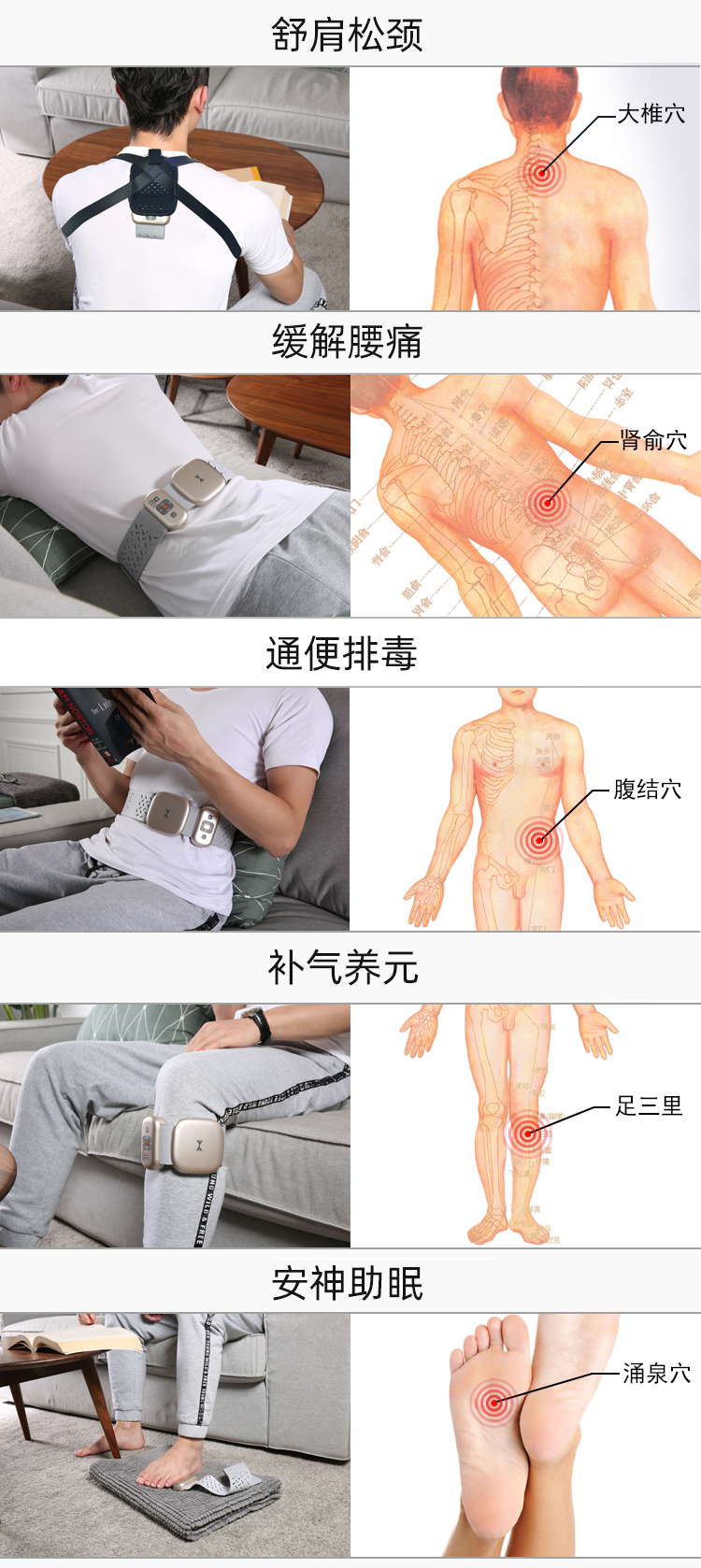 舒肩松頸、緩解腰痛、通便排毒、補(bǔ)氣養(yǎng)元、安神助眠